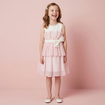 Girls White & Pink Bow Tiered Dress
