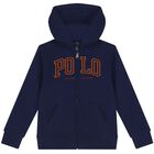 Boys Navy Blue Logo Hooded Zip Up Top, 2, hi-res