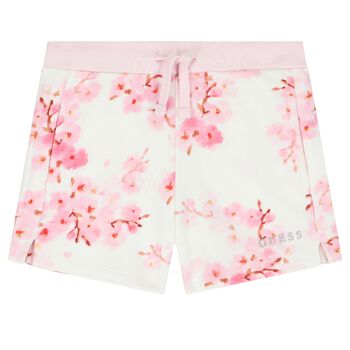 Girls White & Pink Cherry Blossoms Shorts