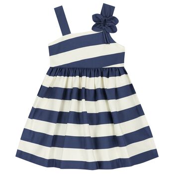 Girls Ivory & Navy Blue Striped Flower Dress