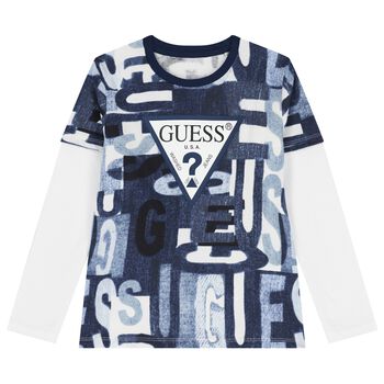 Boys White & Blue Logo Long Sleeve Top