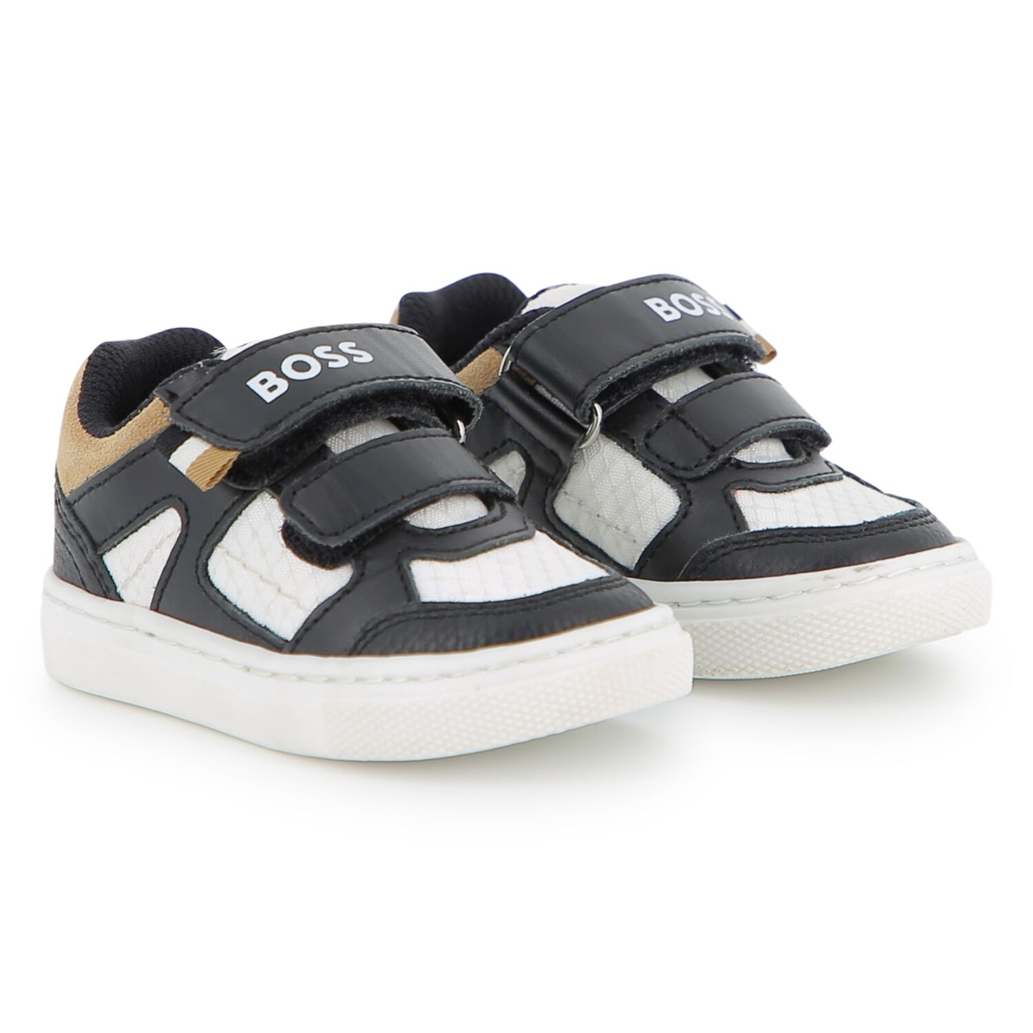 Boys Black, White & Beige Logo Trainers, 1, hi-res