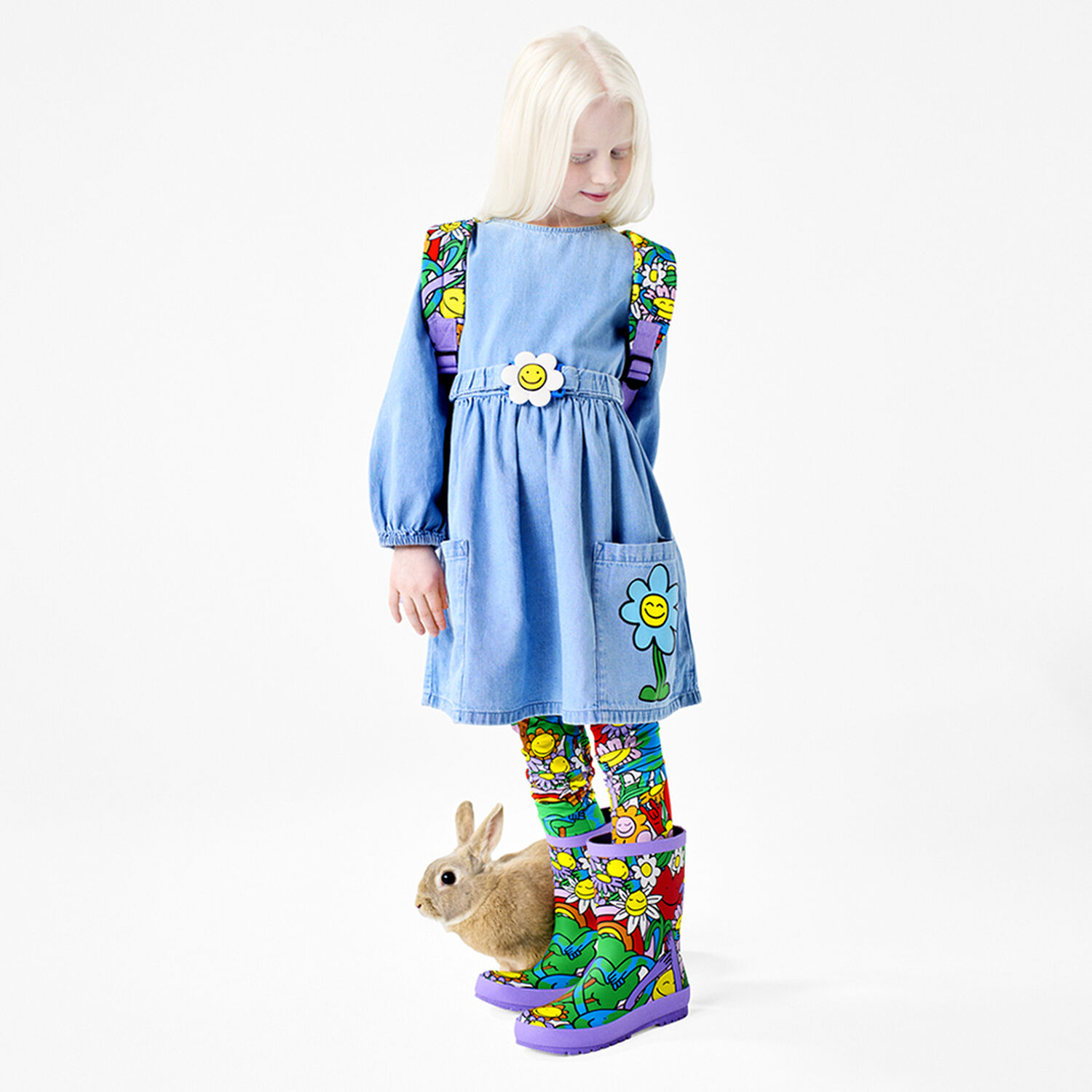 فستان بنات مزين بالزهور باللون الازرق , 1, hi-res