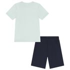 Boys Mini Me White & Navy Blue Logo Shorts Set, 1, hi-res
