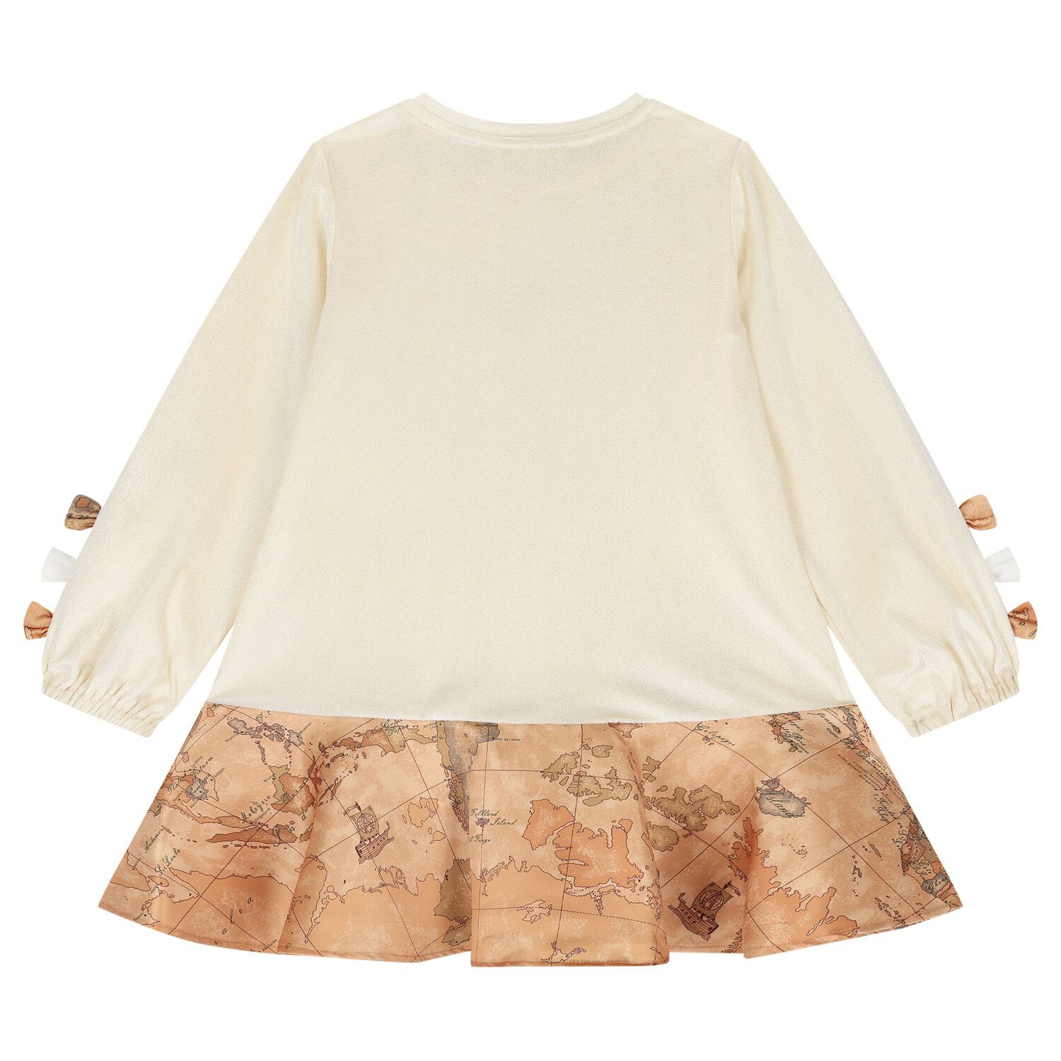 Girls Beige Geo Map Bow Dress, 1, hi-res