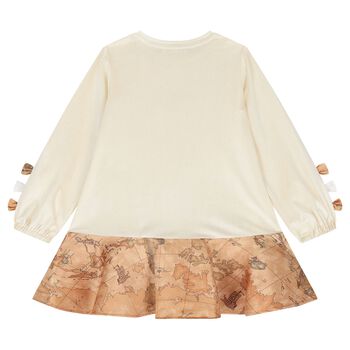 Girls Beige Geo Map Bow Dress