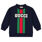 Younger Boys Navy Blue Logo Web Striped Sweatshirt, 1, hi-res