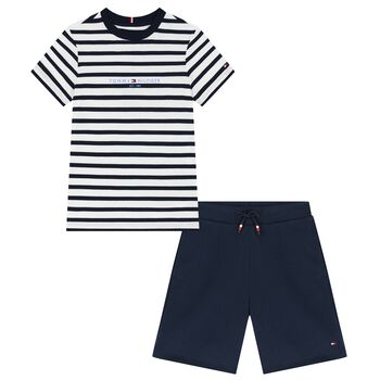 Boys White & Navy Blue Shorts Set