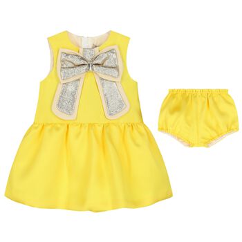 Younger Girls Yellow Bow Satin Dress Set