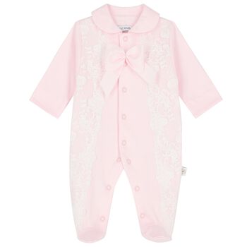 Baby Girls Pink Lace & Bow Babygrow