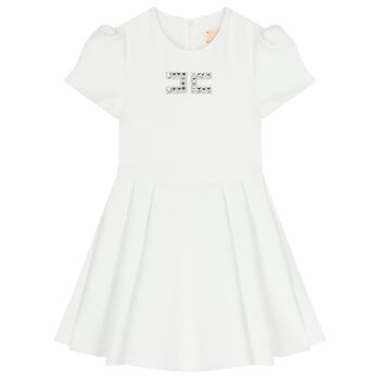 Girls White Diamante Logo Pleated Dress