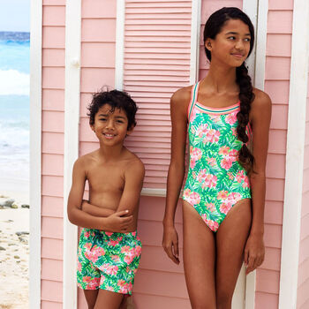 Girls Pink & Green Floral Swimsuit