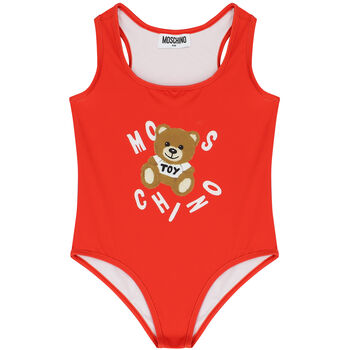 Girls Red Teddy Bear Logo Swimsuit