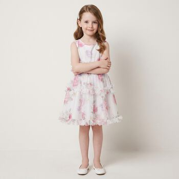 Girls White Floral Tulle Dress