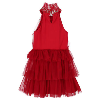 Girls Red Embellished Tulle Dress