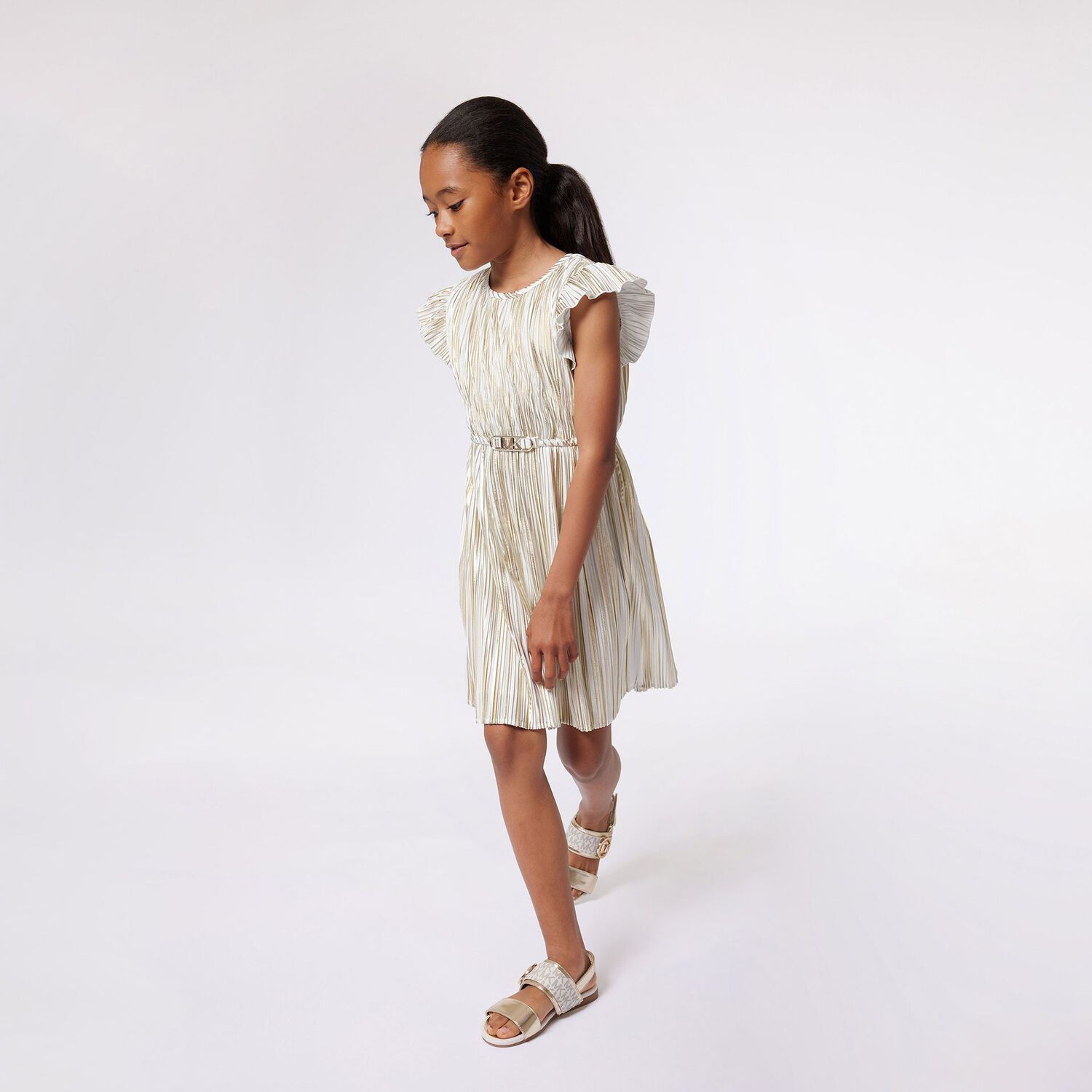 Girls Gold Logo Pleated Dress, 1, hi-res