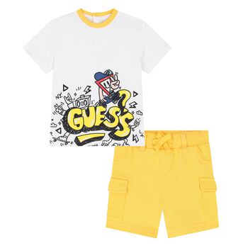 Younger Boys White & Yellow Logo Shorts Set