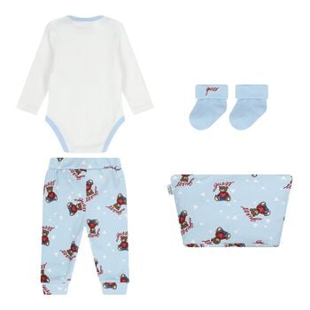 Baby Boys Blue & White Teddy Bear Logo Bodysuit Set