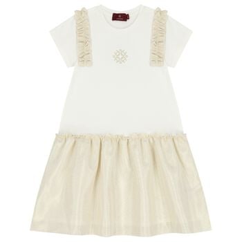Girls Ivory & Gold Logo Dress