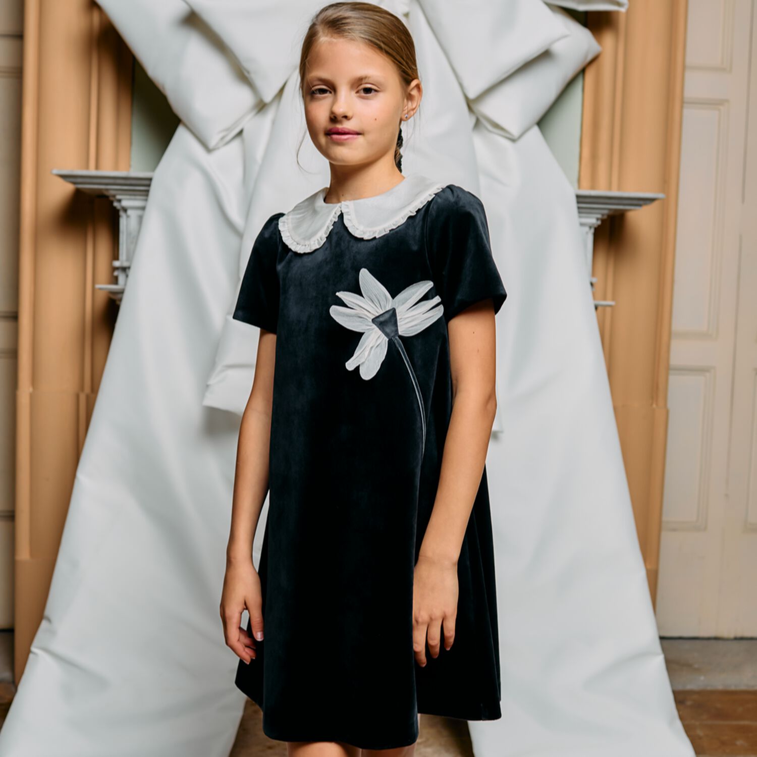 Girls Black & Ivory Floral Dress, 1, hi-res