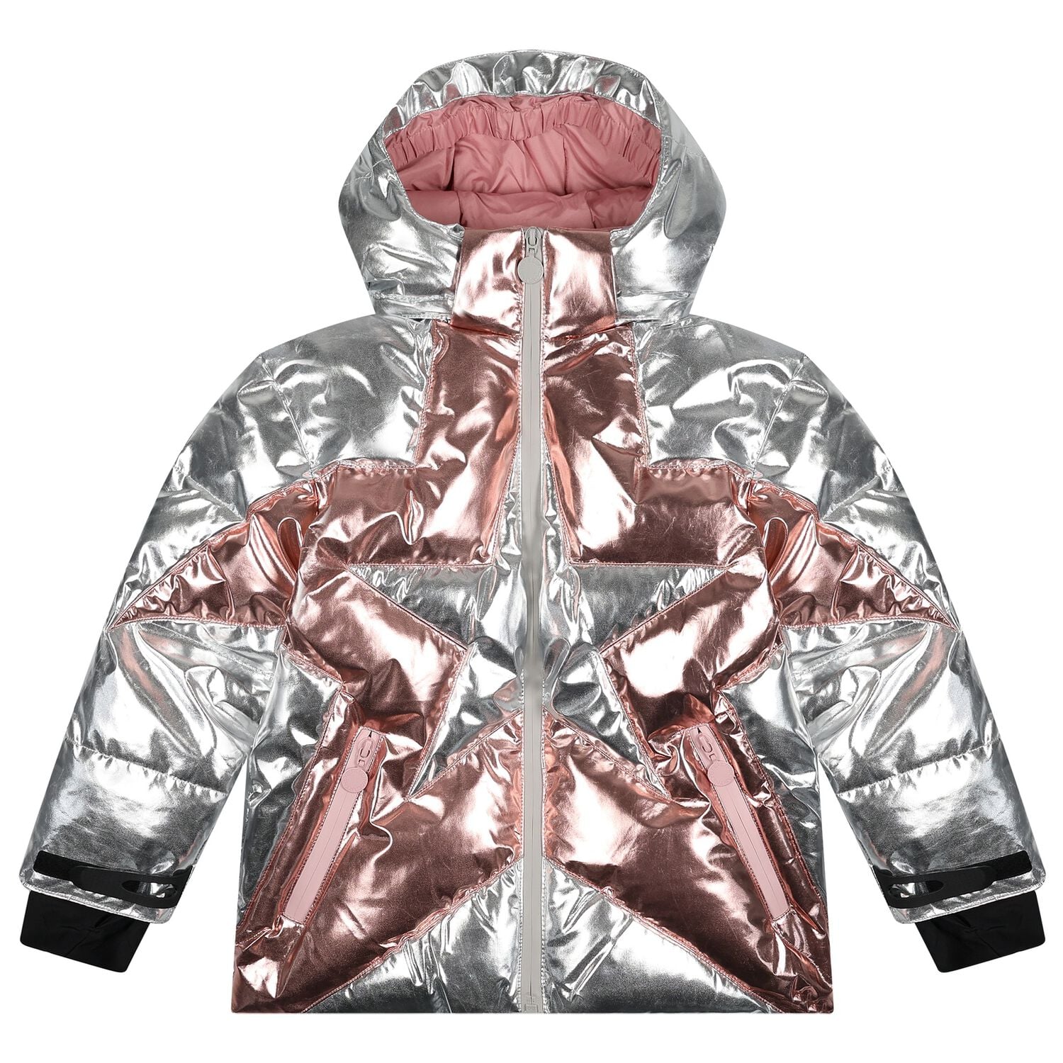 Girls Silver Metallic Star Puffer Jacket, 1, hi-res