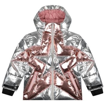 Girls Silver Metallic Star Puffer Jacket