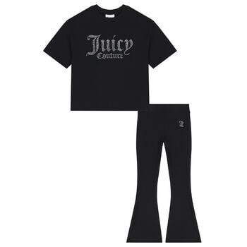 Girls Black Crystal Embellished Diamant&eacute; Logo & Flared Leggings Set