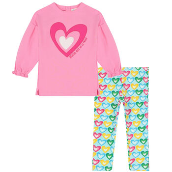Girls Pink & Blue Heart Leggings Set