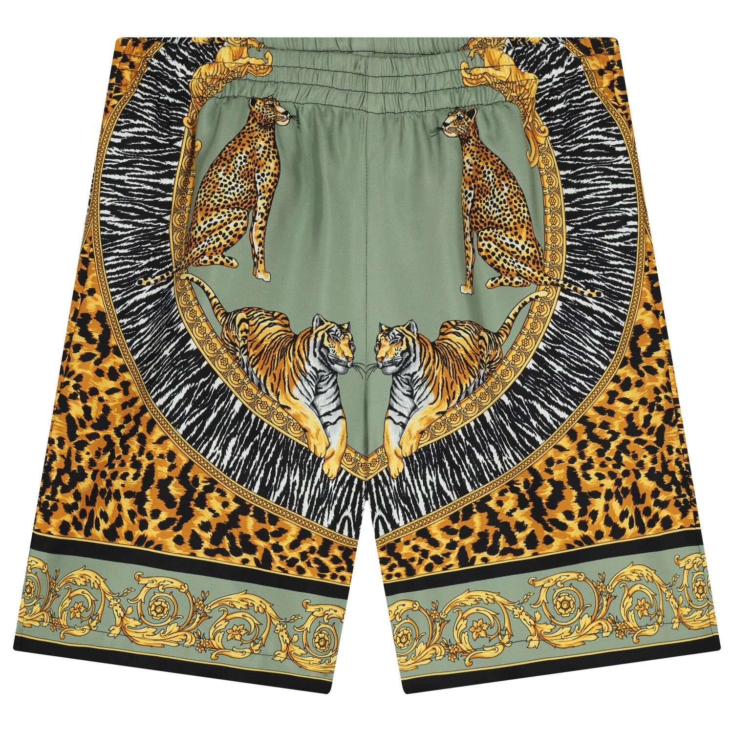 Boys Green, Yellow & Black Tiger Barocco Shorts, 1, hi-res