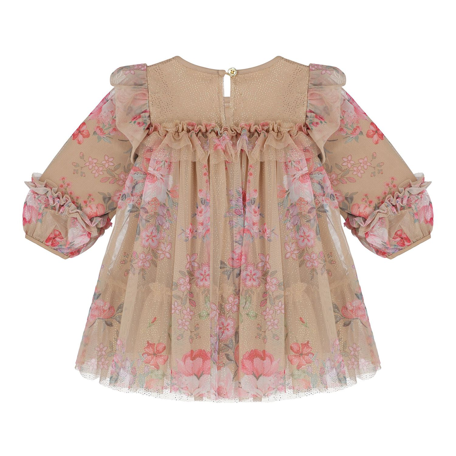Baby Girls Beige Floral Ruffled Tulle Dress, 3, hi-res