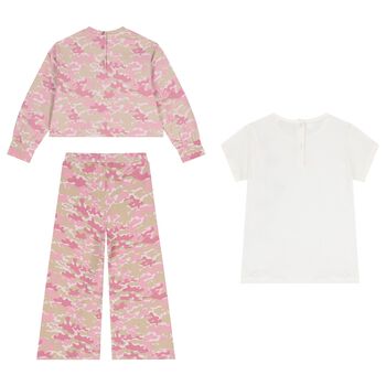 Girls Pink & Ivory Camouflage Trousers Set