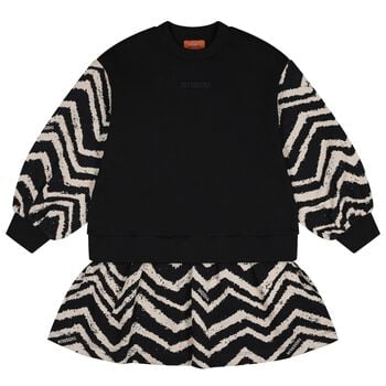 Girls Black & Ivory Logo Zig Zag Dress