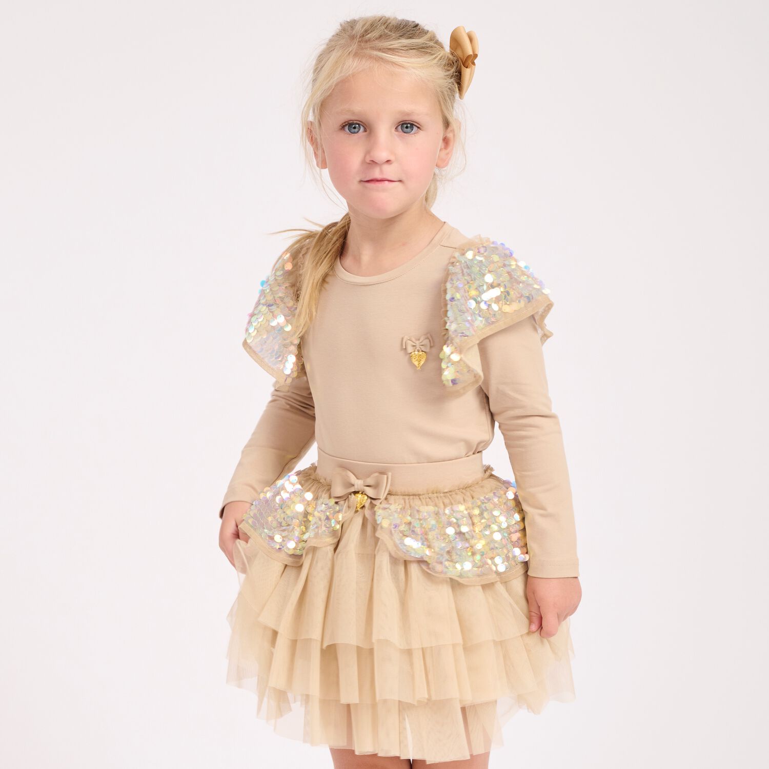 Girls Beige Sequin Tulle Skirt, 3, hi-res image number null