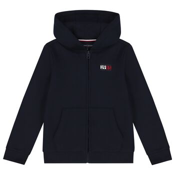 Boys Navy Blue Logo Hooded Zip Up Top