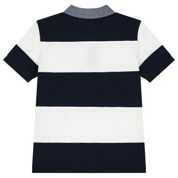 Boys Navy Blue & White Logo Striped Polo Shirt