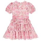 Girls Pink Embroidered Floral Tiered Dress , 1, hi-res