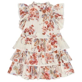 Girls Ivory & Pink Floral Tiered Dress