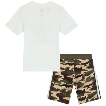 White & Khaki Green Trefoil Shorts Set