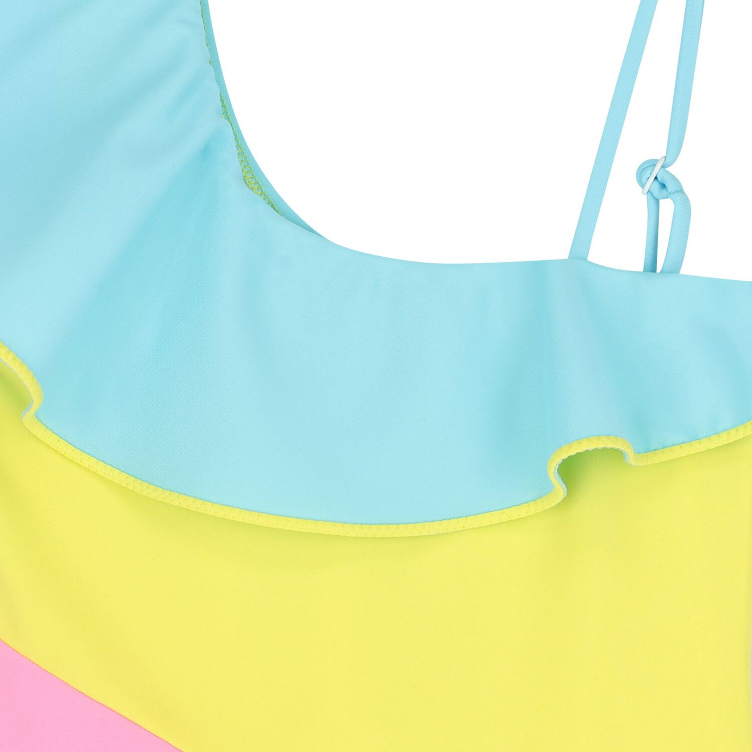 Girls Blue, Yellow & Pink Ruffle Swimsuit, 1, hi-res