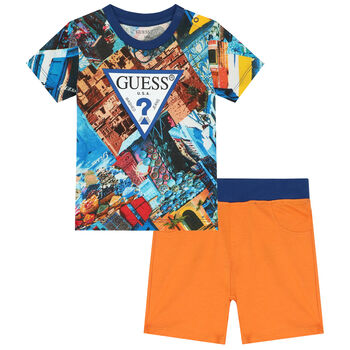 Baby Boys Blue & Orange Logo Shorts Set