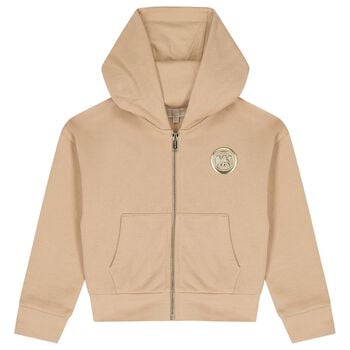 Girls Mini Me Beige Logo Hooded Zip Up Top