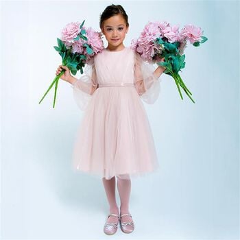 Girls Pink Sheer Sleeves Tulle Dress