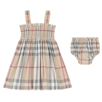 Baby Girls Pale Beige Check Dress Set