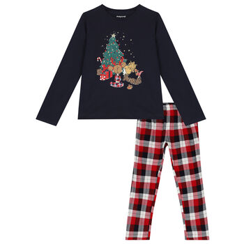 Girls Navy Blue & Red Festive Pyjamas