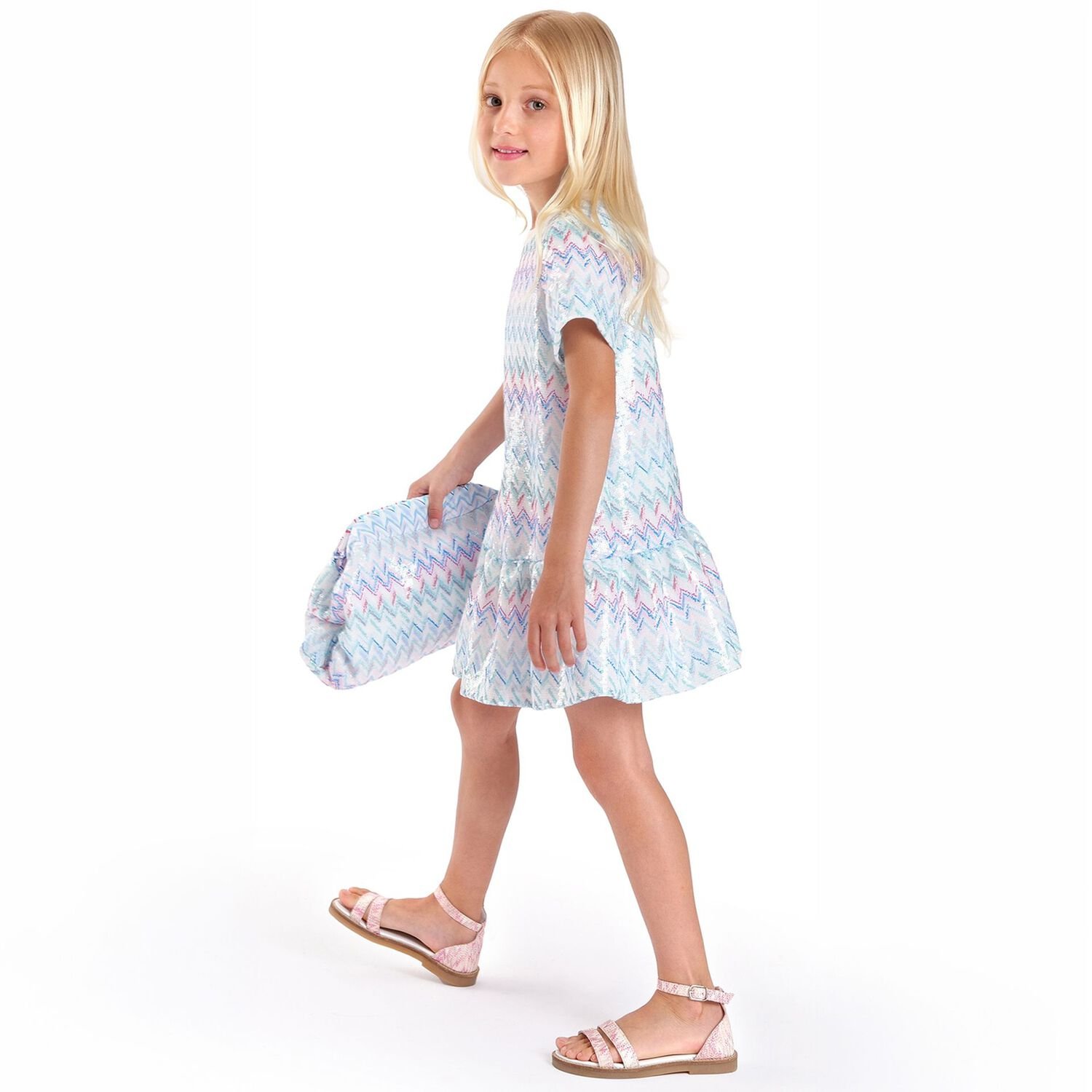 Girls White & Blue Zig Zag Embellished Sequin Dress, 2, hi-res