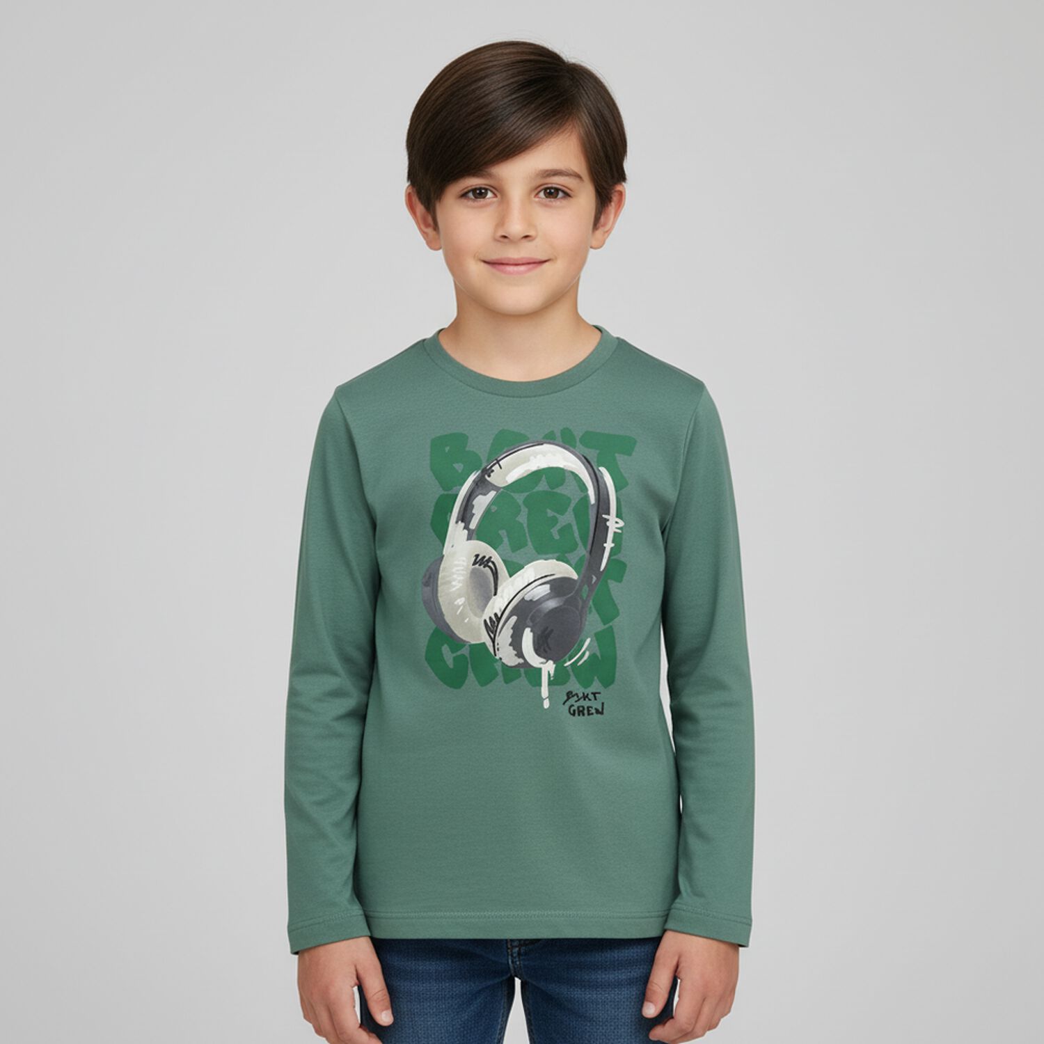 Boys Green Headphone Long Sleeve Top, 2, hi-res image number null