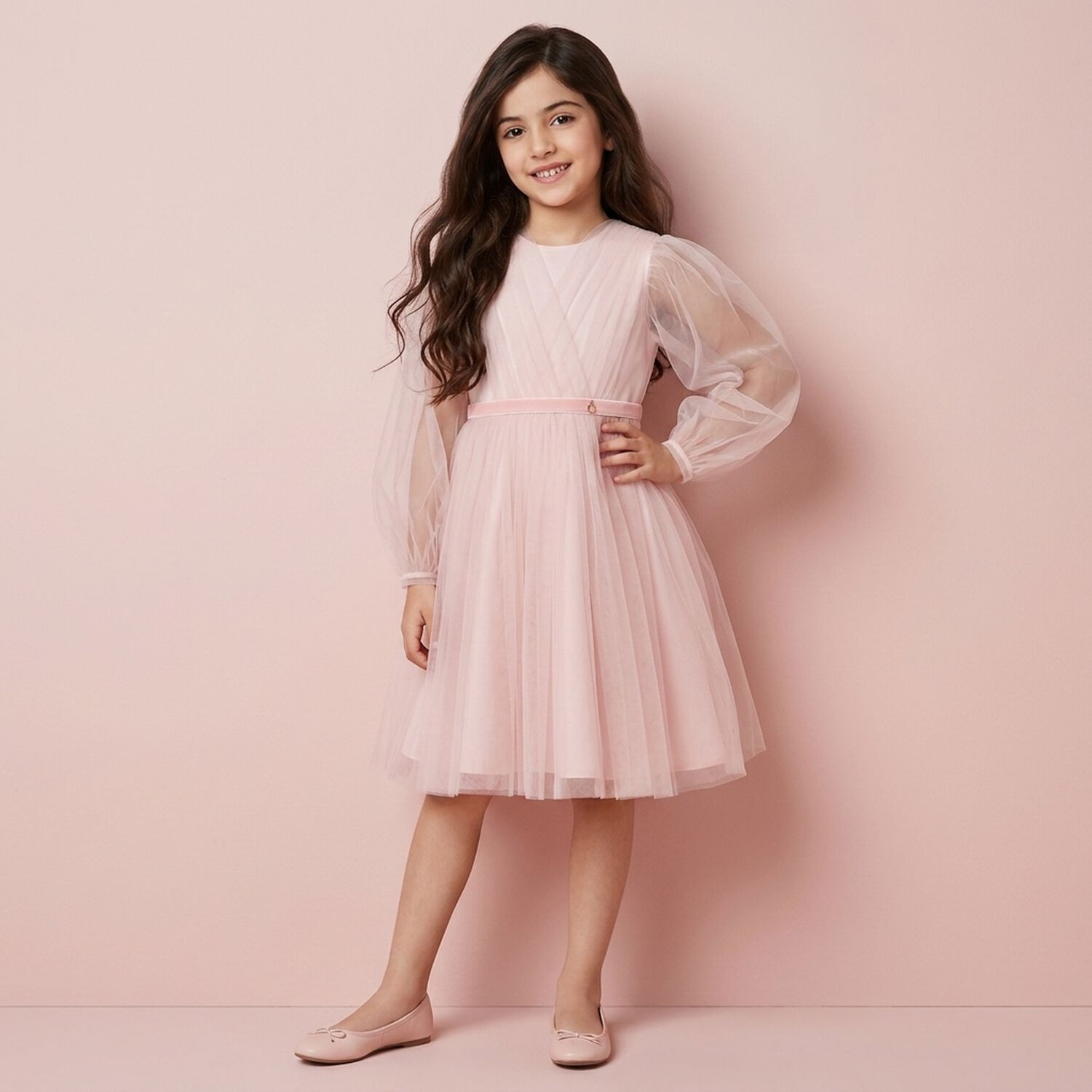 Girls Pink Sheer Sleeves Tulle Dress, 1, hi-res