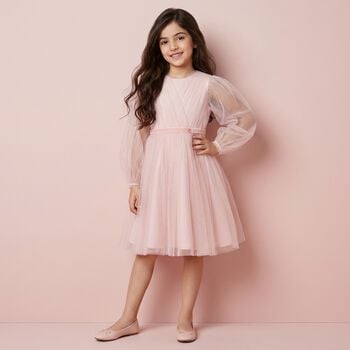 Girls Pink Sheer Sleeves Tulle Dress