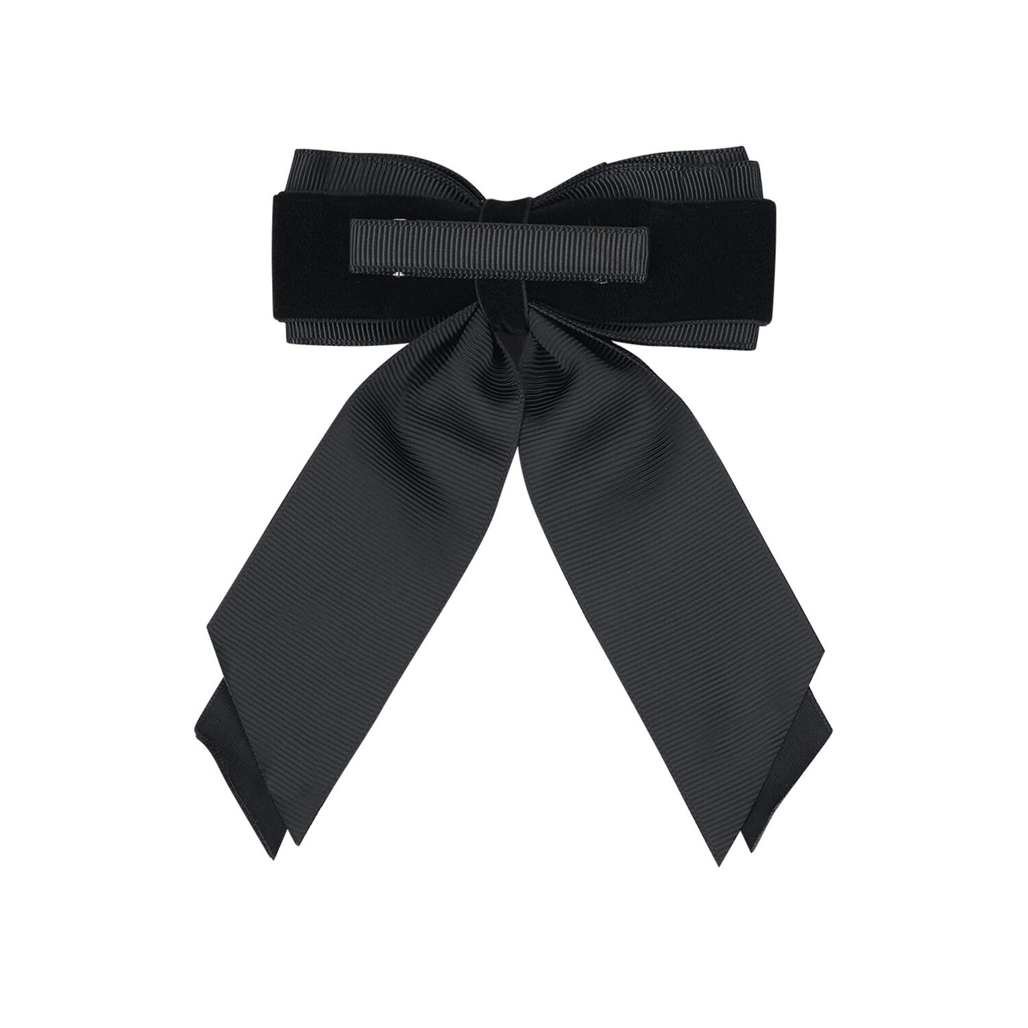 Girls Black Velvet & Grosgrain Bow Hairclip , 1, hi-res