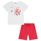 Girls White & Red Floral Shorts Set, 1, hi-res